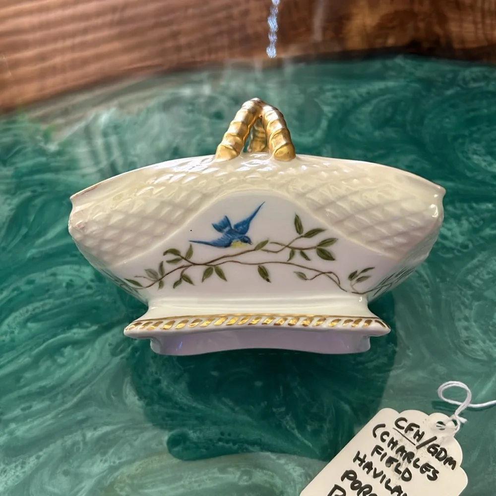 Charles Field Haviland Porcelain Basket, Floral and Bird Design with gol…